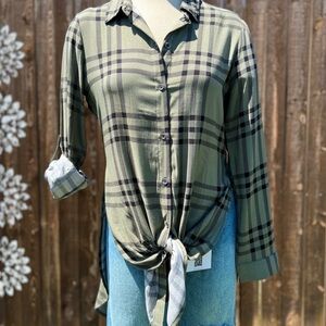 Olive and Black Plaid Button-Down Shirt